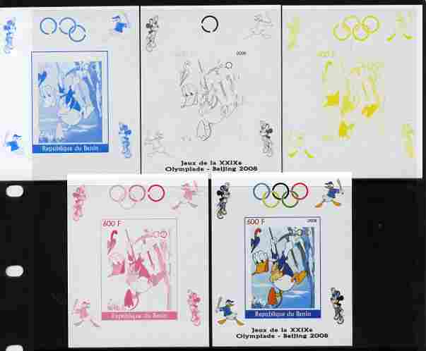 Benin 2008 Beijing Olympics - Disney Characters - Mountaineering individual deluxe sheet - the set of 5 imperf progressive proofs comprising the 4 individual colours plus all 4-colour composite, unmounted mint , stamps on disney, stamps on olympics, stamps on baseball, stamps on sport, stamps on mountains, stamps on mountaineering, stamps on climbing