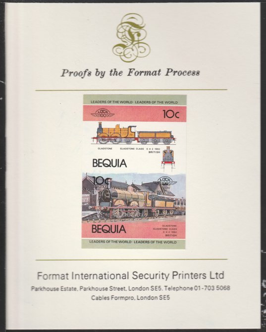St Vincent - Bequia 1984 Locomotives #1 (Leaders of the World) 10c (Gladstone Class) se-tenant pair imperf mounted on Format International proof card, stamps on 