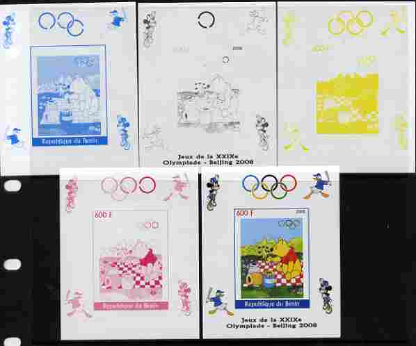 Benin 2008 Beijing Olympics - Disney Characters - Pooh Bear individual deluxe sheet - the set of 5 imperf progressive proofs comprising the 4 individual colours plus all 4-colour composite, unmounted mint , stamps on disney, stamps on olympics, stamps on baseball, stamps on sport, stamps on bears, stamps on bees, stamps on honey