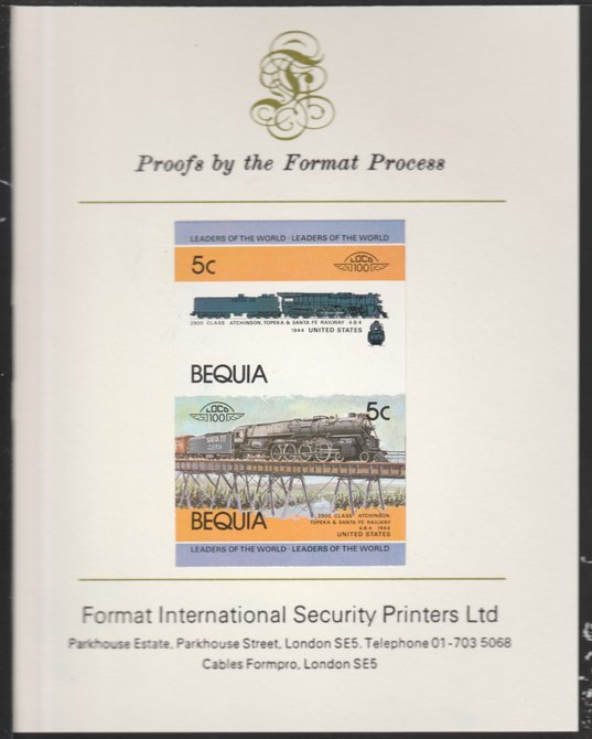 St Vincent - Bequia 1984 Locomotives #1 (Leaders of the World) 5c (4-8-4 Atcheson, Topeka & Santa Fe) se-tenant pair imperf mounted on Format International proof card, stamps on 
