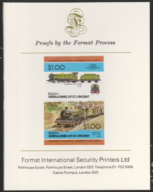 St Vincent - Bequia 1984 Locomotives #2 (Leaders of the World) $1.00 (0-8-2 River Irt) se-tenant pair imperf mounted on Format International proof card, stamps on 