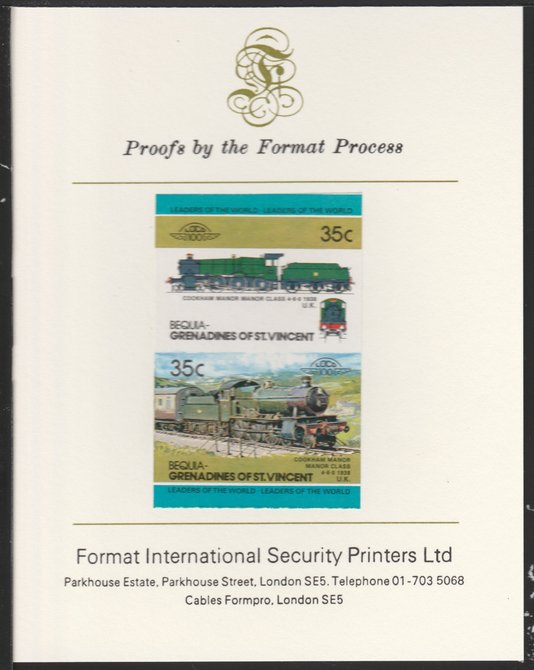 St Vincent - Bequia 1984 Locomotives #2 (Leaders of the World) 35c (4-6-0 Manor Class) se-tenant pair imperf mounted on Format International proof card, stamps on 