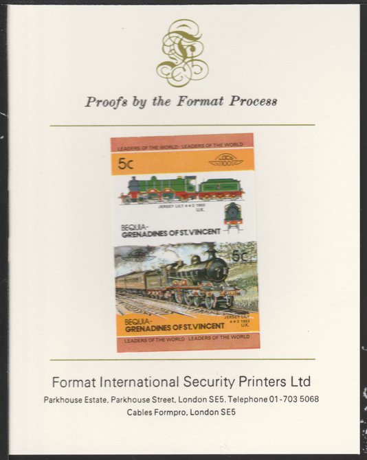 St Vincent - Bequia 1984 Locomotives #2 (Leaders of the World) 5c (4-4-2 Jersey Lily) se-tenant pair imperf mounted on Format International proof card, stamps on 