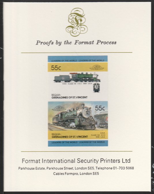 St Vincent - Bequia 1985 Locomotives #4 (Leaders of the World) 55c (4-6-2  Class H4 USA) imperf se-tenant pair mounted on Format International proof card, stamps on 