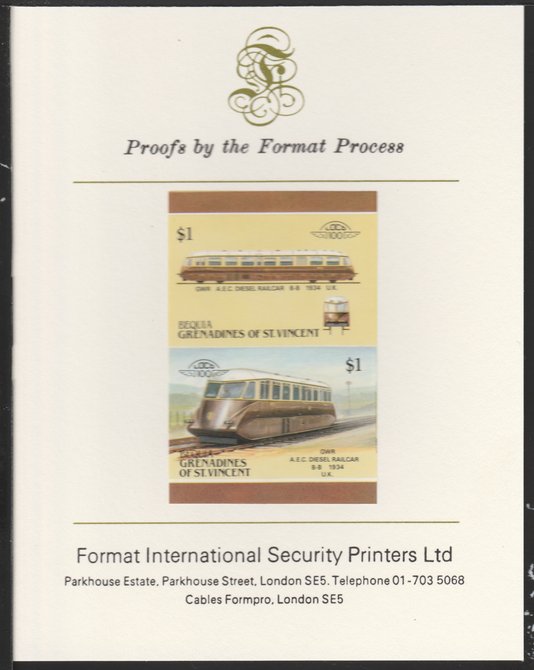 St Vincent - Bequia 1987 Locomotives #5 (Leaders of the World) $1 (GWR Diesel Railcar) imperf se-tenant pair mounted on Format International proof card, stamps on , stamps on  stamps on st vincent - bequia 1987 locomotives #5 (leaders of the world) $1 (gwr diesel railcar) imperf se-tenant pair mounted on format international proof card