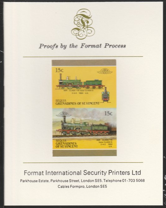St Vincent - Bequia 1987 Locomotives #5 (Leaders of the World) 15c (2-4-0 SER Class 118) imperf se-tenant pair mounted on Format International proof card, stamps on 