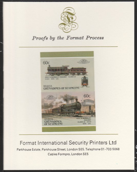 St Vincent - Bequia 1987 Locomotives #5 (Leaders of the World) 60c (0-6-0 Hull & Barnsley Class LS) imperf se-tenant pair mounted on Format International proof card, stamps on 