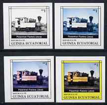 Equatorial Guinea 1977 Locomotives EK1 (Java Factory loco) set of 4 imperf progressive proofs on ungummed paper comprising 1, 2, 3 and all 4 colours (as Mi 1145) , stamps on railways
