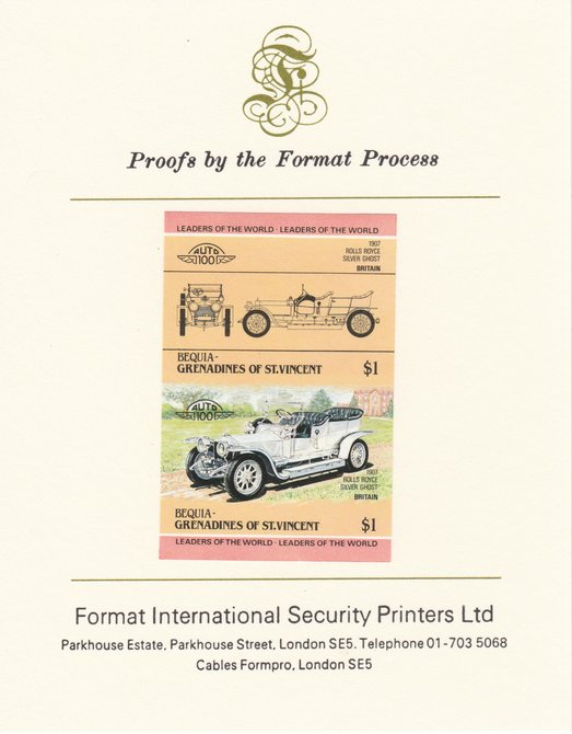 St Vincent - Bequia 1984 Cars #1 (Leaders of the World) $1 (1907 Rolls Royce) imperf se-tenant pair mounted on Format International proof card, stamps on cars