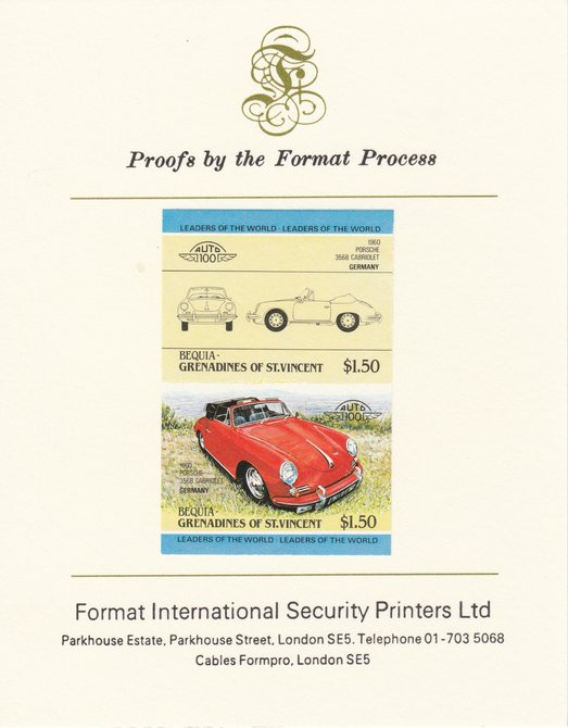 St Vincent - Bequia 1984 Cars #1 (Leaders of the World) $1.50 (1960 Porsche) imperf se-tenant pair mounted on Format International proof card, stamps on cars