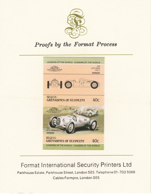 St Vincent - Bequia 1984 Cars #1 (Leaders of the World) 40c (1936 Auto Union) imperf se-tenant pair mounted on Format International proof card, stamps on cars
