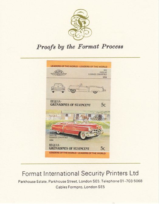 St Vincent - Bequia 1984 Cars #1 (Leaders of the World) 5c (1953 Cadillac) imperf se-tenant pair mounted on Format International proof card, stamps on cars
