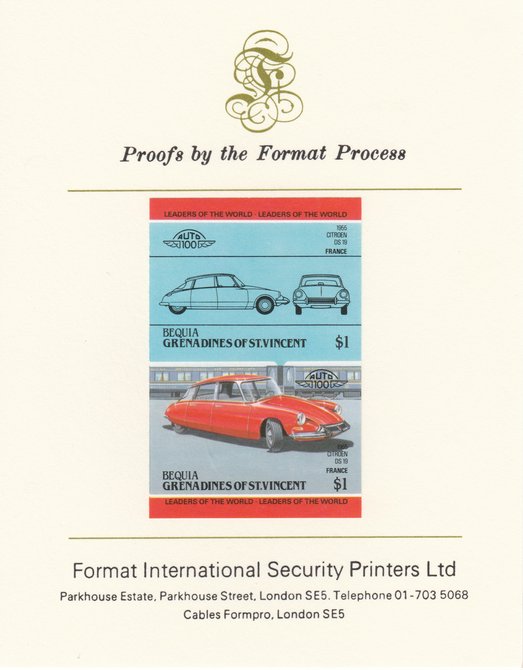 St Vincent - Bequia 1984 Cars #2 (Leaders of the World) $1 (1955 Citroen DS 19) imperf se-tenant pair mounted on Format International proof card, stamps on cars