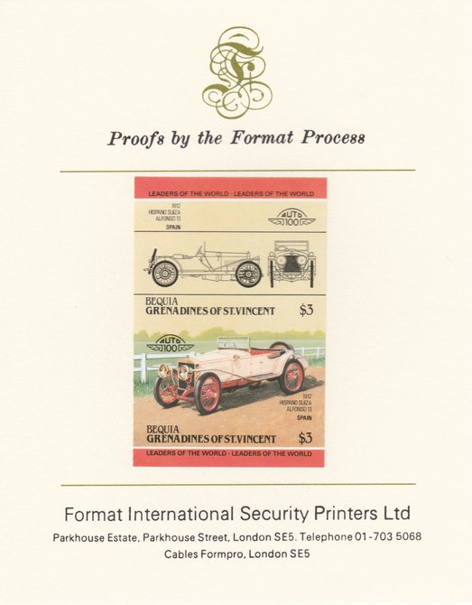 St Vincent - Bequia 1984 Cars #2 (Leaders of the World) $3 (1912 Hispano Suiza) imperf se-tenant pair mounted on Format International proof card, stamps on cars