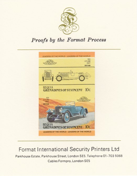 St Vincent - Bequia 1984 Cars #2 (Leaders of the World) 10c (1924 Leyland Eight) imperf se-tenant pair mounted on Format International proof card, stamps on cars