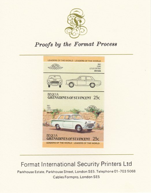 St Vincent - Bequia 1984 Cars #2 (Leaders of the World) 25c (1963 Ford Lotus Cortina) imperf se-tenant pair mounted on Format International proof card, stamps on cars