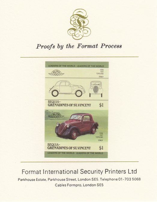 St Vincent - Bequia 1985 Cars #3 (Leaders of the World) $1 (1936 Fiat) imperf se-tenant pair mounted on Format International proof card, stamps on cars