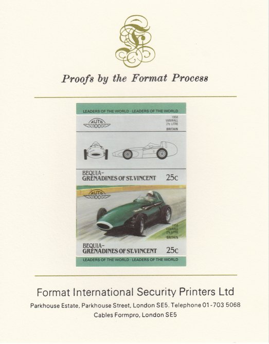 St Vincent - Bequia 1985 Cars #3 (Leaders of the World) 25c (1958 Vanwall 2.5 Litre) imperf se-tenant pair mounted on Format International proof card, stamps on cars