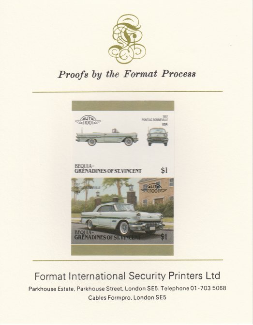 St Vincent - Bequia 1986 Cars #6 (Leaders of the World) $1 (1957 Pontiac Bonneville) imperf se-tenant pair mounted on Format International proof card, stamps on cars