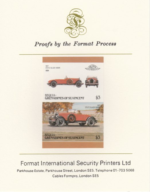 St Vincent - Bequia 1986 Cars #6 (Leaders of the World) $3 (1927 Stutz Black Hawk) imperf se-tenant pair mounted on Format International proof card, stamps on cars