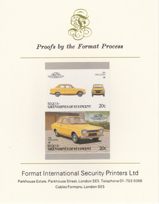St Vincent - Bequia 1986 Cars #6 (Leaders of the World) 20c (1968 Ford Escort) imperf se-tenant pair mounted on Format International proof card, stamps on cars