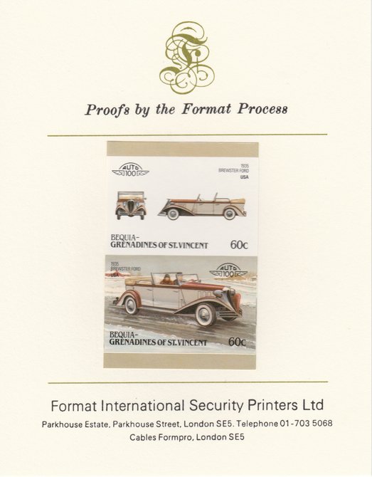 St Vincent - Bequia 1986 Cars #6 (Leaders of the World) 60c (1935 Brewster Ford) imperf se-tenant pair mounted on Format International proof card, stamps on , stamps on  stamps on cars