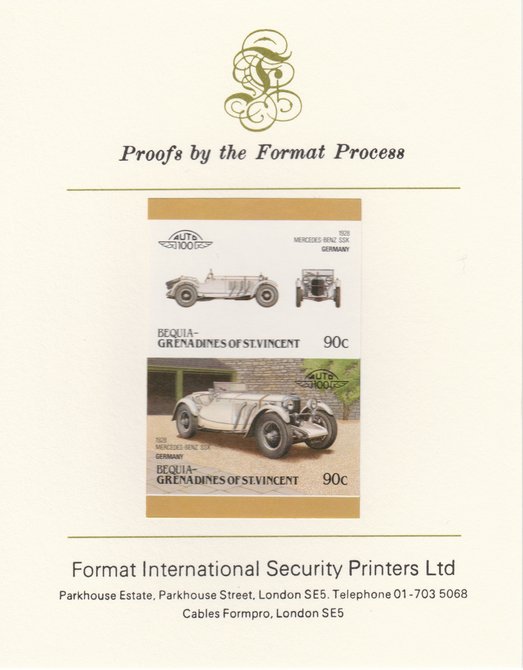 St Vincent - Bequia 1986 Cars #6 (Leaders of the World) 90c (1928 Mercedes Benz) imperf se-tenant pair mounted on Format International proof card, stamps on cars