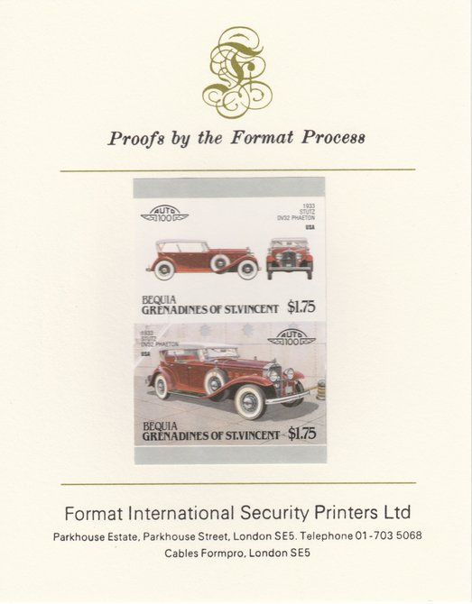 St Vincent - Bequia 1987 Cars #7 (Leaders of the World) $1.75 (1933 Stutz DV32 Phaeton) imperf se-tenant pair mounted on Format International proof card, stamps on cars