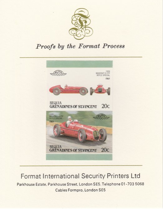 St Vincent - Bequia 1987 Cars #7 (Leaders of the World) 20c (1939 Maserati  8 CTF) imperf se-tenant pair mounted on Format International proof card, stamps on cars