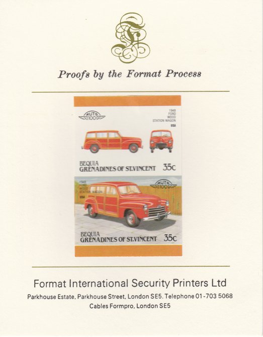 St Vincent - Bequia 1987 Cars #7 (Leaders of the World) 35c (1948 Ford Station Wagon) imperf se-tenant pair mounted on Format International proof card, stamps on cars