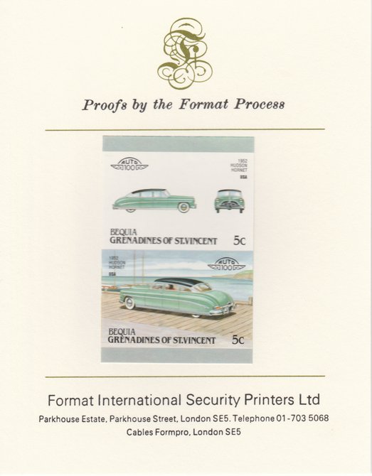 St Vincent - Bequia 1987 Cars #7 (Leaders of the World) 5c (1952 Hudson Hornet) imperf se-tenant pair mounted on Format International proof card, stamps on cars