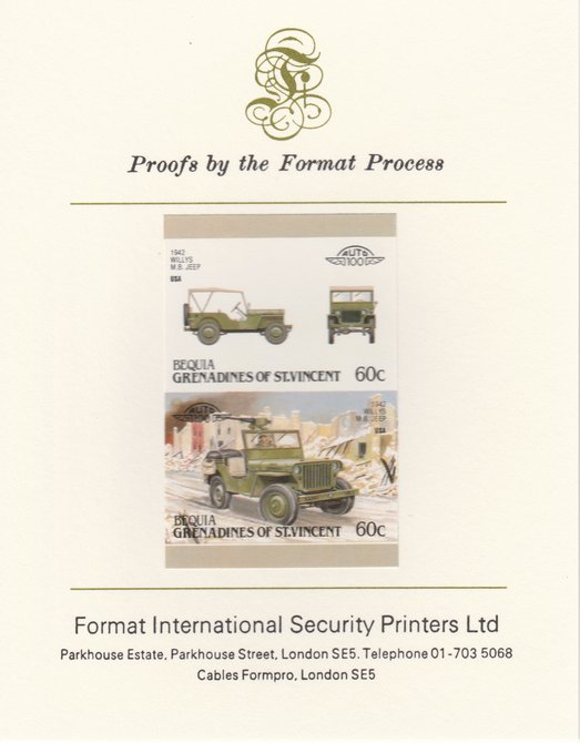 St Vincent - Bequia 1987 Cars #7 (Leaders of the World) 60c (1942 Willys MB Jeep) imperf se-tenant pair mounted on Format International proof card, stamps on cars
