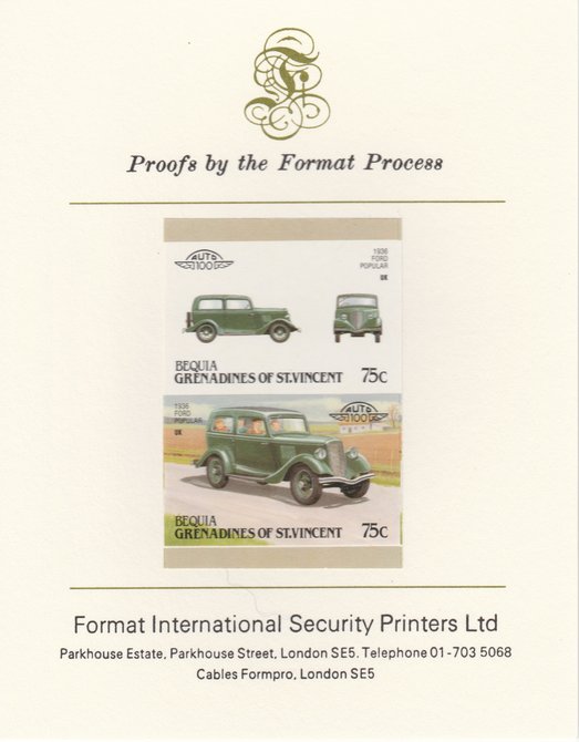 St Vincent - Bequia 1987 Cars #7 (Leaders of the World) 75c (1936 Ford Popular) imperf se-tenant pair mounted on Format International proof card, stamps on cars