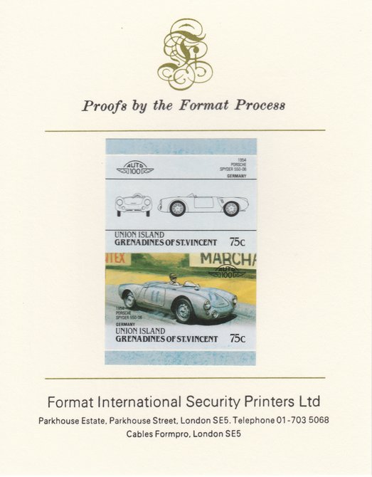 St Vincent - Union Island 1986 Cars #4 (Leaders of the World) 75c (1954 Porsche) imperf se-tenant pair mounted on Format International proof card, stamps on cars