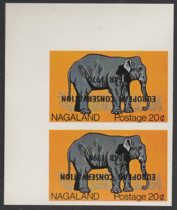 Nagaland 1970 European Conservation Year overprint INVERTED on corner pair of 20c Elephant, - one with 1790 error, unmounted mint, stamps on , stamps on  stamps on animals, stamps on elephants