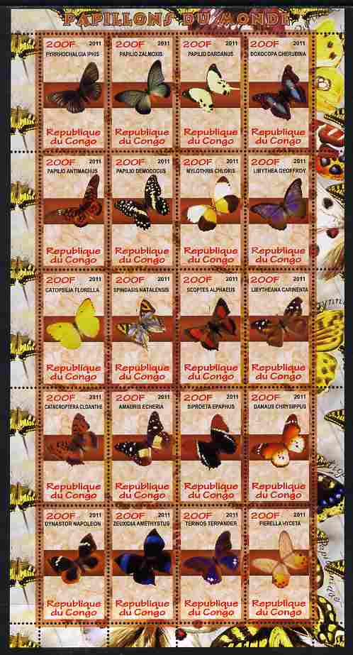 Congo 2011 Butterflies of the World #2 perf sheetlet containing 20 values unmounted mint, stamps on butterflies
