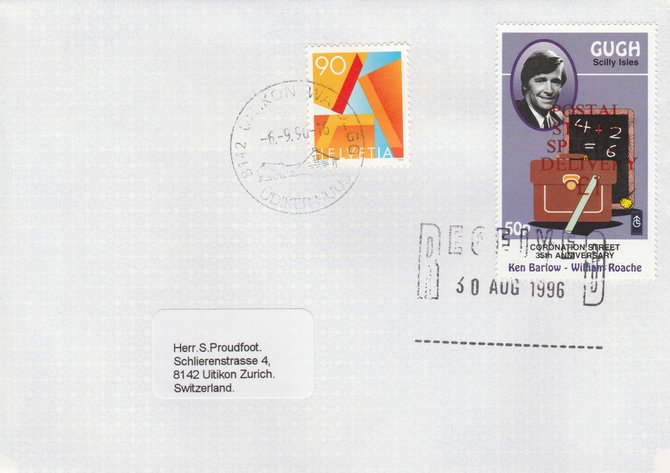 Great Britain 1996 Postal Strike cover to Switzerland bearing Gugh 50p (Great Britain local) opt'd 'Postal Strike Special Delivery \A31' cancelled 30 Aug plus Swiss 90c  adhesive cancelled 6 September, stamps on strike