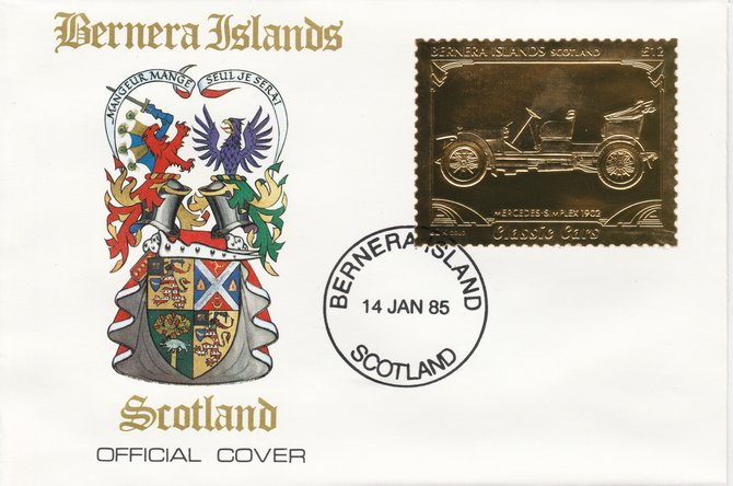 Bernera 1985 Classic Cars - 1902 Mercedes \A312 value perforated & embossed in 22 carat gold foil on special cover with first day cancel, stamps on cars    mercedes