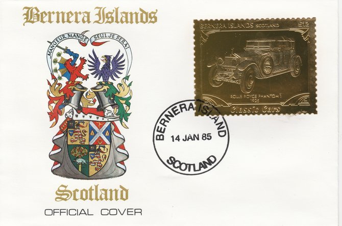 Bernera 1985 Classic Cars - 1925 Rolls Royce Phantom \A312 value perforated & embossed in 22 carat gold foil on special cover with first day cancel, stamps on cars    rolls royce