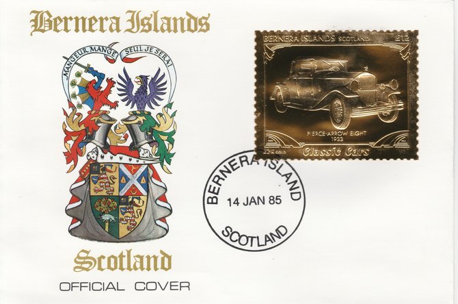 Bernera 1985 Classic Cars - 1933 Pierce Arrow \A312 value perforated & embossed in 22 carat gold foil on special cover with first day cancel, stamps on cars    pierce arrow