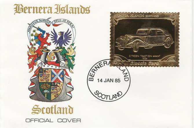 Bernera 1985 Classic Cars - 1934 Citroen \A312 value perforated & embossed in 22 carat gold foil on special cover with first day cancel, stamps on cars    citroen