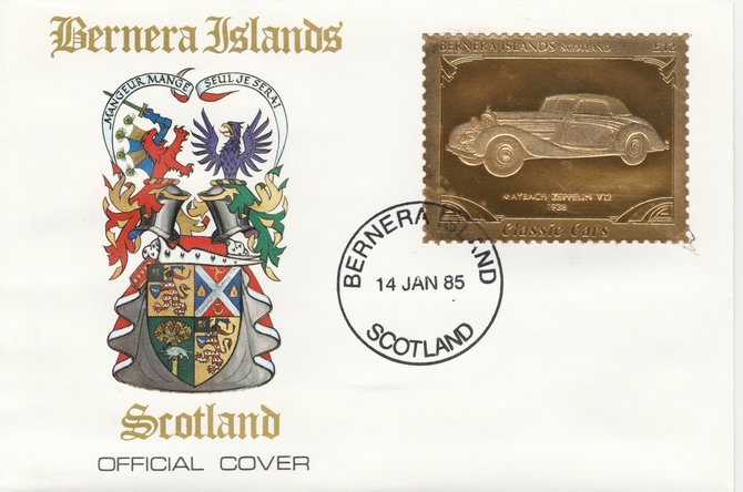 Bernera 1985 Classic Cars - 1938 Maybach Zeppelin V12 \A312 value perforated & embossed in 22 carat gold foil on special cover with first day cancel, stamps on cars    maybach