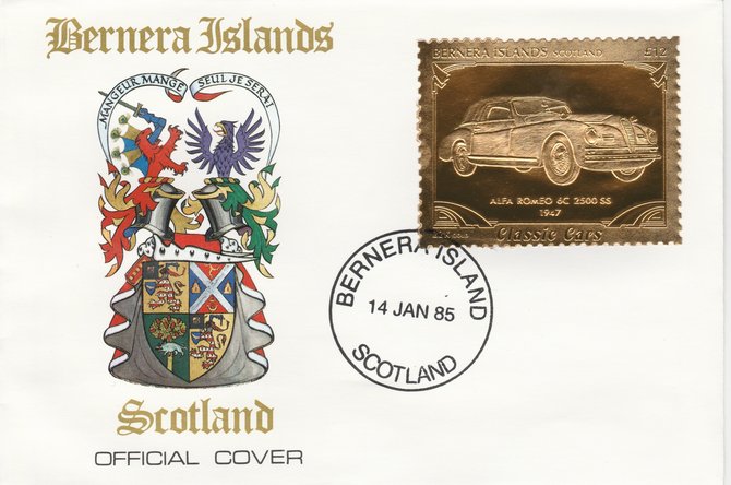 Bernera 1985 Classic Cars - 1947 Alfa Romeo \A312 value perforated & embossed in 22 carat gold foil on special cover with first day cancel, stamps on cars    alfa romeo