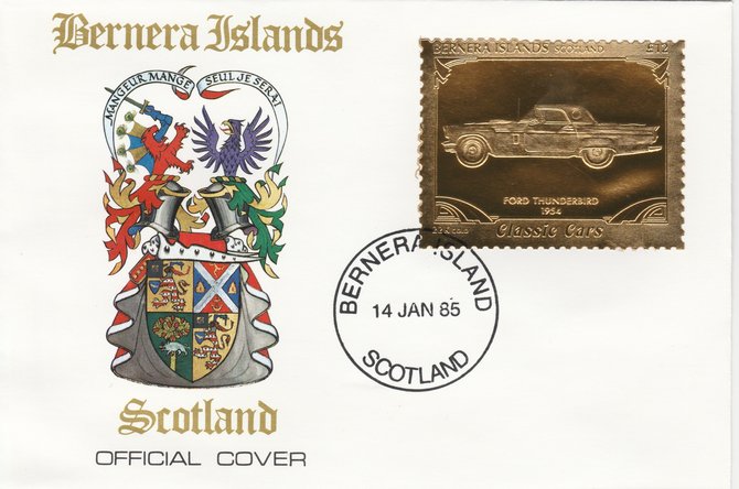 Bernera 1985 Classic Cars - 1954 Ford Thunderbird \A312 value perforated & embossed in 22 carat gold foil on special cover with first day cancel, stamps on cars    ford