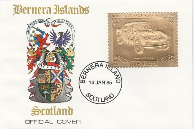 Bernera 1985 Classic Cars - 1955 BMW \A312 value perforated & embossed in 22 carat gold foil on special cover with first day cancel, stamps on cars    bmw