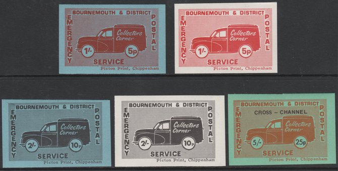 Cinderella - Great Britain 1971 Bournemouth & District Emergency Postal Service Collectors Corner Morris Van  set of 5 in dual currency unmounted mint , stamps on cars, stamps on postal, stamps on cinderella, stamps on strike, stamps on morris, stamps on trucks