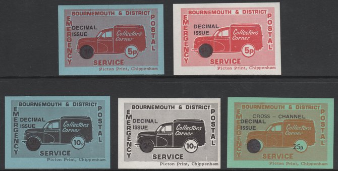 Cinderella - Great Britain 1971 Bournemouth & District Emergency Postal Service 'Collectors Corner Morris Van'  set of 5 for decimal currency unmounted mint , stamps on , stamps on  stamps on cars, stamps on postal, stamps on cinderella, stamps on strike, stamps on morris, stamps on  stamps on trucks