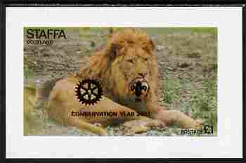 Staffa 2001 Conservation Year with Rotary & Scout Logos overprinted on 1976 Lion imperf souvenir sheet unmounted mint , stamps on rotary, stamps on scouts, stamps on cats, stamps on lions, stamps on 