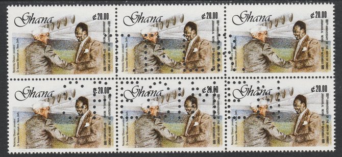 Ghana 1990 Nehru Birth Centenary 20c, superb block of 6 showing the full perfin T.D.L.R. SPECIMEN (ex De La Rue archive sheet) rare, unusual and unmounted mint as SG 1422, stamps on 