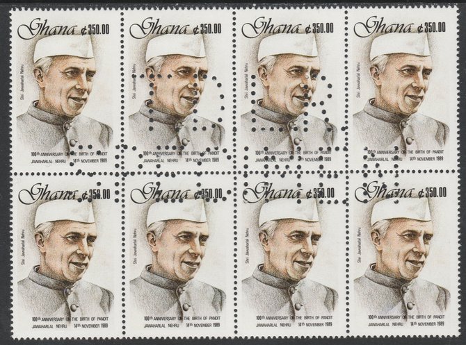 Ghana 1990 Nehru Birth Centenary 80c, superb block of 8 showing the full perfin T.D.L.R. SPECIMEN (ex De La Rue archive sheet) rare, unusual and unmounted mint as SG 1424, stamps on 